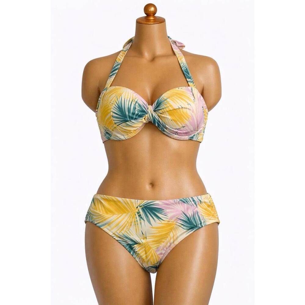 Shade & Shore Women Tropical Palm Bikini Set 38DD Top M Bottom Yellow Green